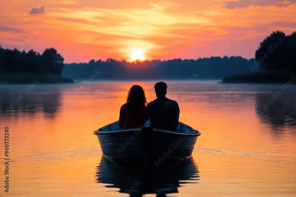 Romantic sunset boat ride on serene lake with silhouetted couple Romantic sunset boat ride on serene lake with silhouetted couple