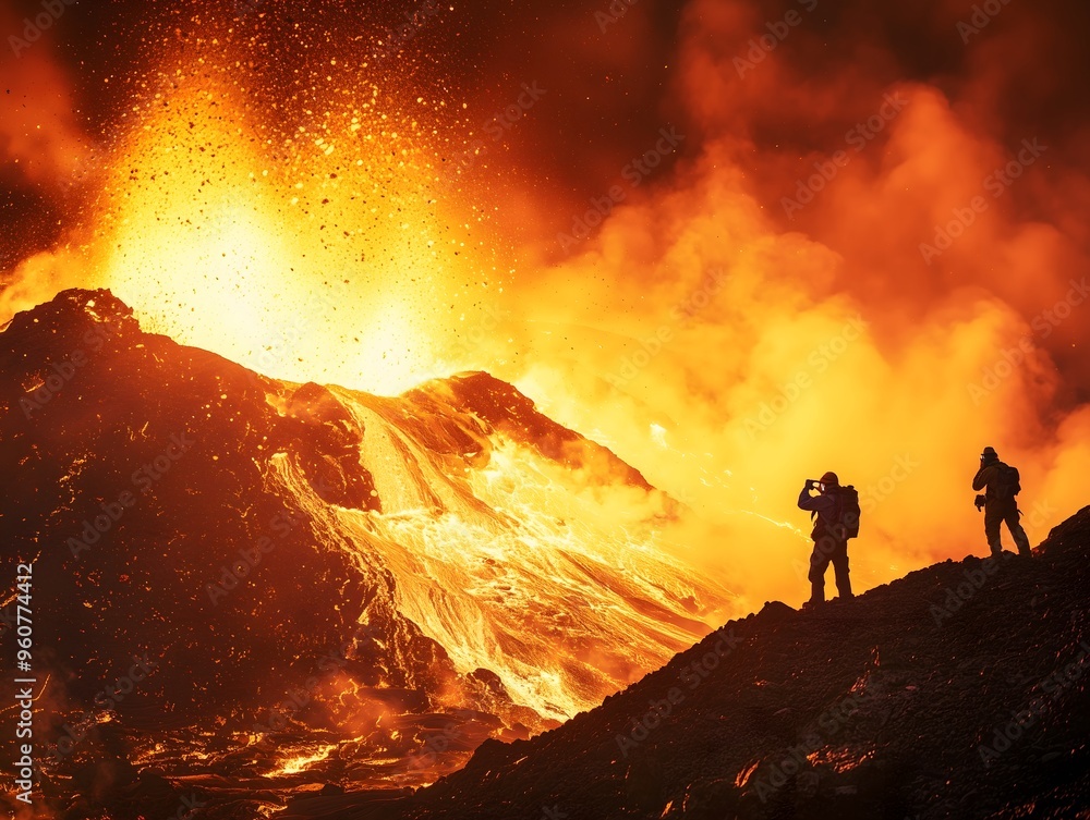 Fototapeta premium A breathtaking volcanic eruption fills the sky with orange and yellow hues, while two silhouettes stand on the rocky terrain, captivated by the powerful display of nature's force.