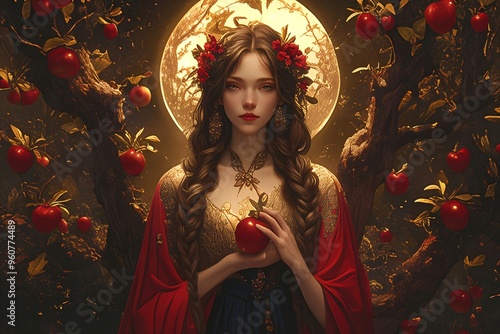 Beautiful witch with red apple in autumn forest. Mabon sabbat, Samhain. Autumn equinox holiday. Wiccan pagan religion. Witchcraft, magic ritual, esoteric spiritual ritual concept photo