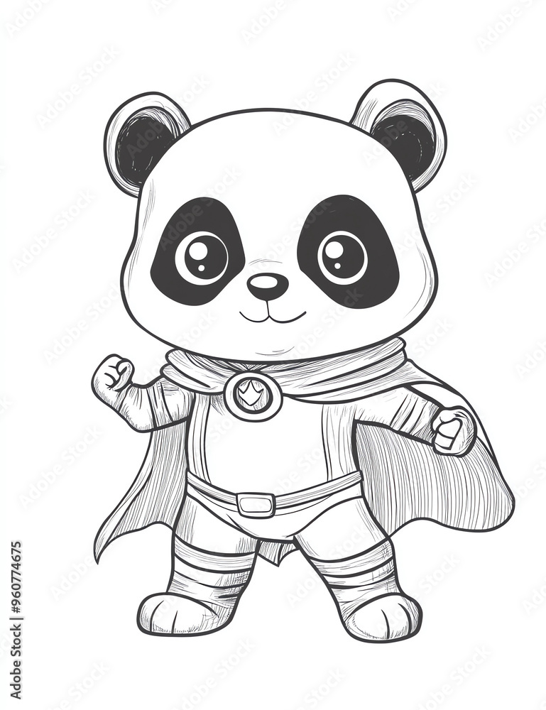 Cute cartoon panda dressed as a superhero, a simple coloring page for kids with crisp lines and a white background Cute cartoon panda dressed as a superhero, a simple coloring page for kids with crisp lines and a white background
