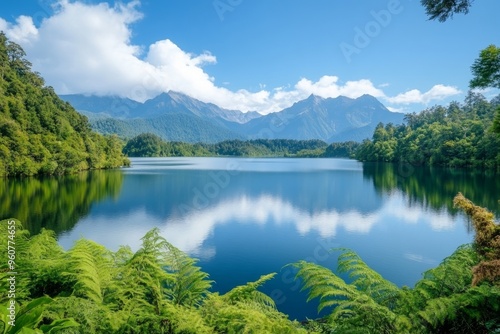 Serene mountain lake reflecting lush green forest and majestic peaks under blue sky