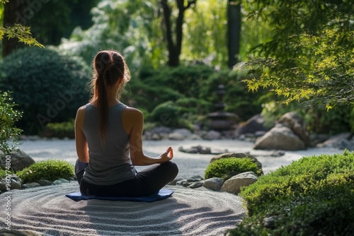 Wallpaper Mural Woman meditating in serene zen garden amidst lush greenery Torontodigital.ca