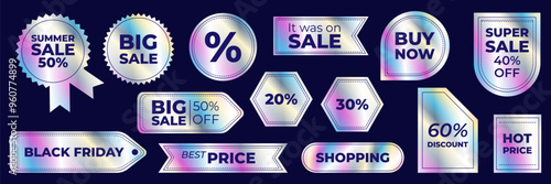 A set of holographic discount stickers. Vector graphics with textured foil effect. Big sale