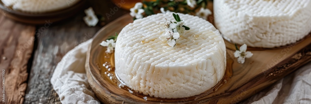 Homemade Fresh Goat Milk Whey Cheese with Honey, a Popular Delicacy Homemade Fresh Goat Milk Whey Cheese with Honey, a Popular Delicacy