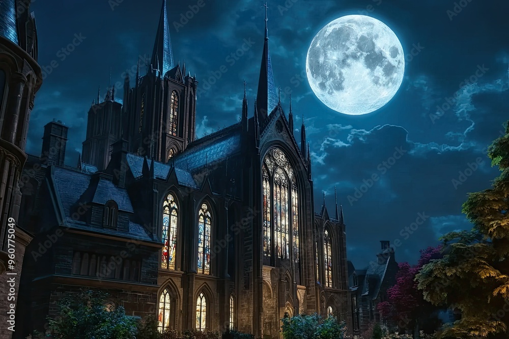 Obraz premium A gothic-style building illuminated under a full moon, featuring intricate stained glass windows.