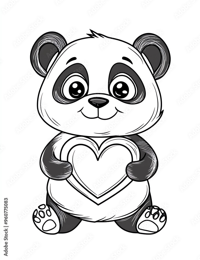 Fototapeta premium Cute cartoon panda holding a heart, coloring page for kids with crisp lines and a white background,