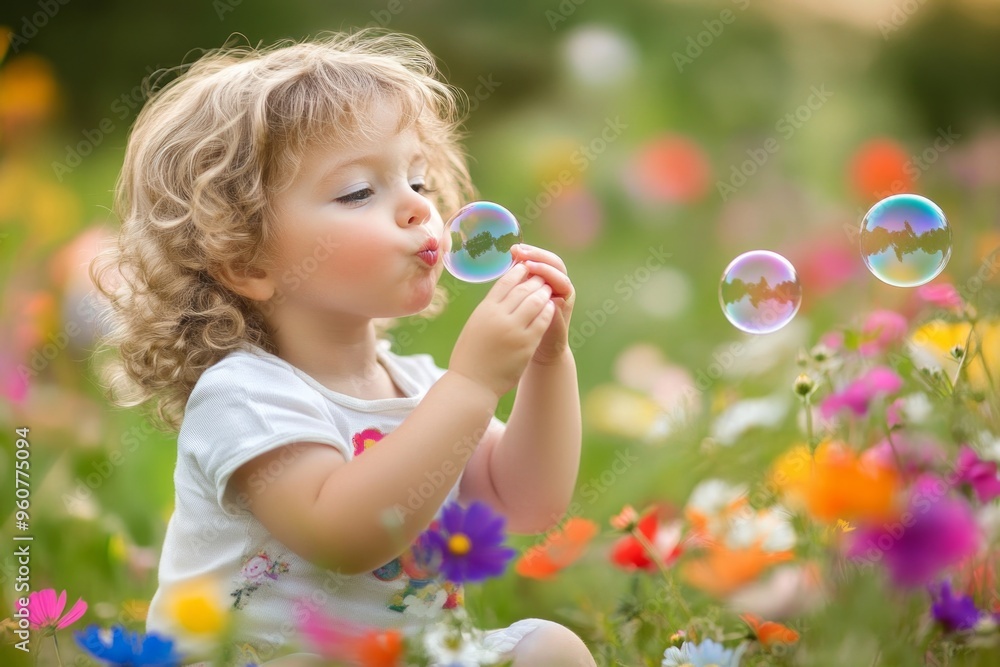 Joyful toddler blowing bubbles in vibrant wildflower garden Joyful toddler blowing bubbles in vibrant wildflower garden