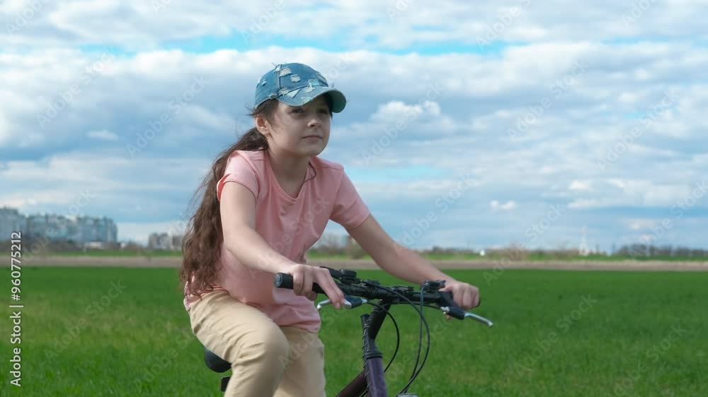Happy alone child ride a bike in the green field. A view of happy young girl cycling in the green meadow during summer vacation. Happy alone child ride a bike in the green field. A view of happy young girl cycling in the green meadow during summer vacation.