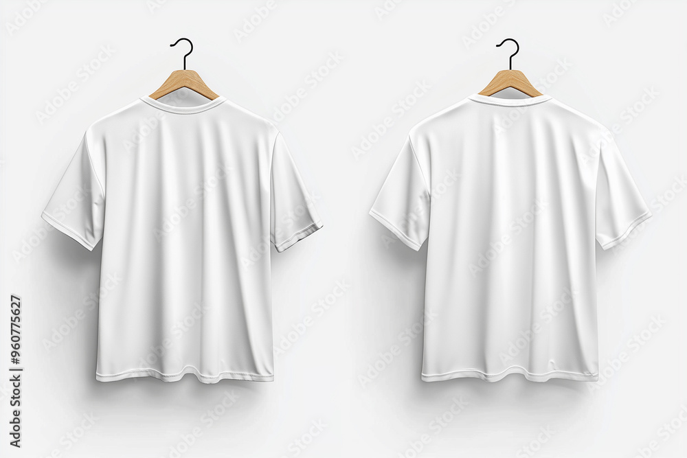A stylish t-shirt mockup on a hanger with a plain white background, showcasing the front and back sides, with editable layers for custom graphics, patterns, or logos A stylish t-shirt mockup on a hanger with a plain white background, showcasing the front and back sides, with editable layers for custom graphics, patterns, or logos