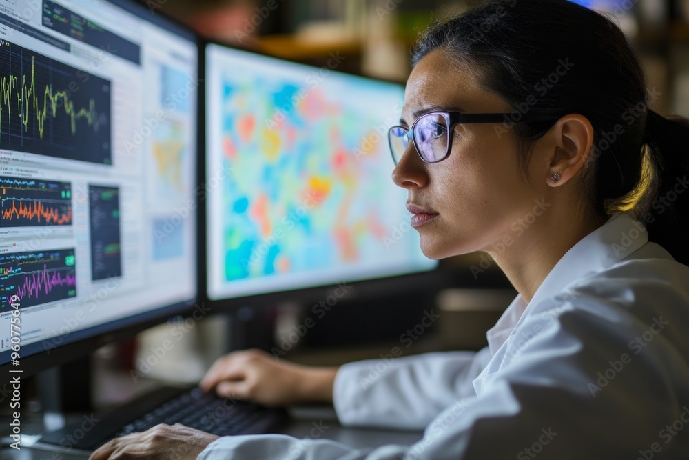 Female scientist analyzing data on multiple computer screens in lab environment Female scientist analyzing data on multiple computer screens in lab environment