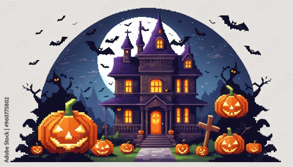 Fototapeta premium manoir style pixel illustration halloween nuit chauve souris citrouille ciel lune extérieur fond gris