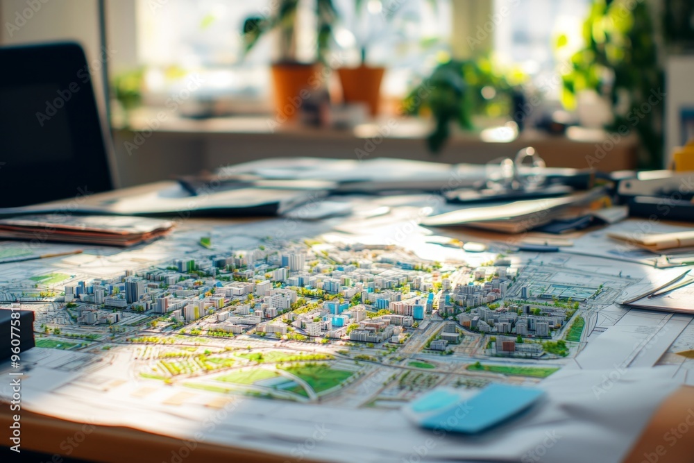 Detailed urban planning and architectural model on designer's desk in sunlit office Detailed urban planning and architectural model on designer's desk in sunlit office