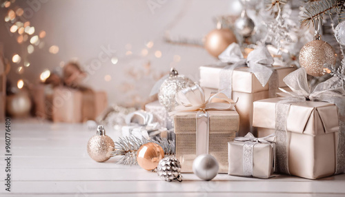 シルバーとゴールドのリボンで美しく包装されたギフトボックスが多数並べられ、クリスマスオーナメントや木の装飾が周りを飾っています。背景にはぼんやりとした温かい光が差し込み、全体的に豪華で祝祭的な雰囲気を醸し出しています。洗練されたホワイトとゴールドの色合いがエレガントさを引き立てています。generative AI