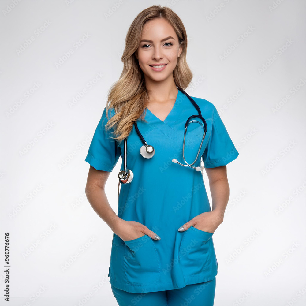 white skin beautiful female nurse full body with light brown hair, smiling, hyper realistic, isolated in a white background white skin beautiful female nurse full body with light brown hair, smiling, hyper realistic, isolated in a white background