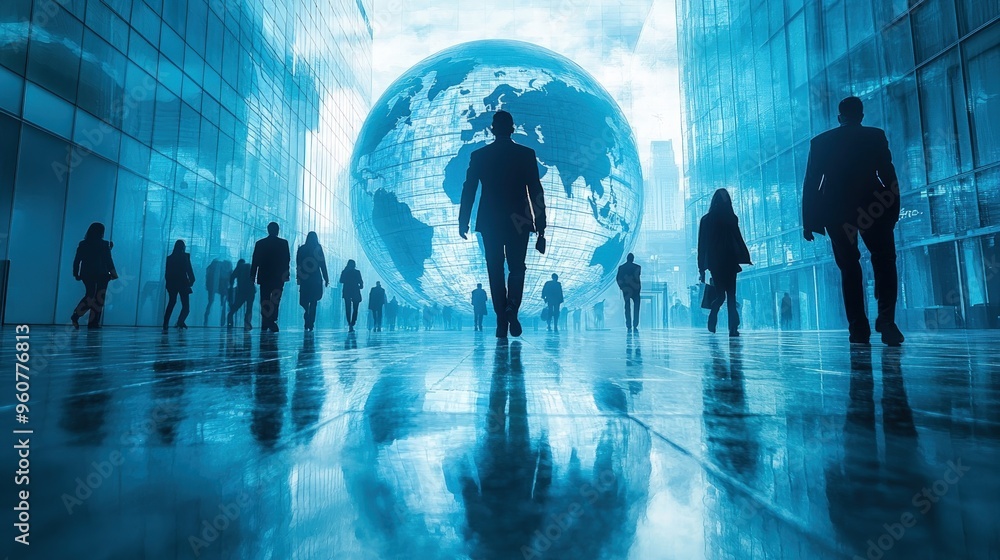 Silhouettes of business people walking in front of a large globe in a city. Silhouettes of business people walking in front of a large globe in a city.