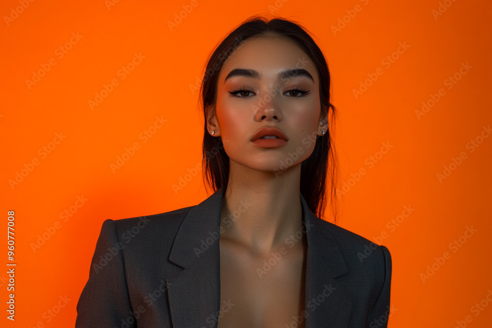 Elegant Woman in Charcoal Gray Suit with Solid Neon Orange Details, Captured in a Trendy Lifestyle Portrait