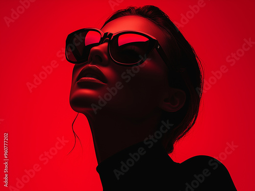 Model Woman Red - woman, sunglasses, portrait, red, black, silhouette, fashion, stylish, model, neon light, trendy, dramatic, chic, glamour, modern, dark