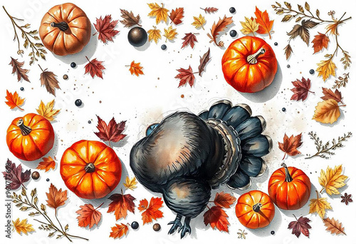 Thanksgiving illustration, watercolor style, high quality, clear white background