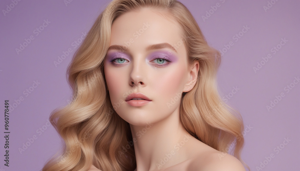 Naklejka premium Beautiful young woman Blonde Wavy Hair on Purple Background - Fashion and Beauty Portrait