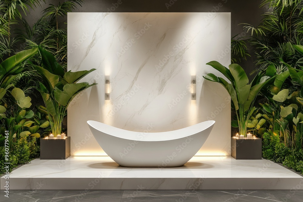 Elegant modern bathroom with a freestanding tub surrounded by lush greenery and soft lighting. Elegant modern bathroom with a freestanding tub surrounded by lush greenery and soft lighting.