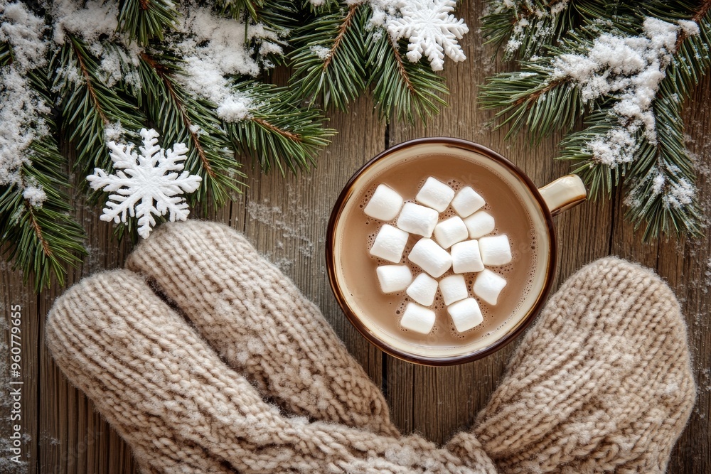 Flat lay of snowflakes, mittens, a wool scarf, a cup of hot cocoa with marshmallows, and pine branches Flat lay of snowflakes, mittens, a wool scarf, a cup of hot cocoa with marshmallows, and pine branches