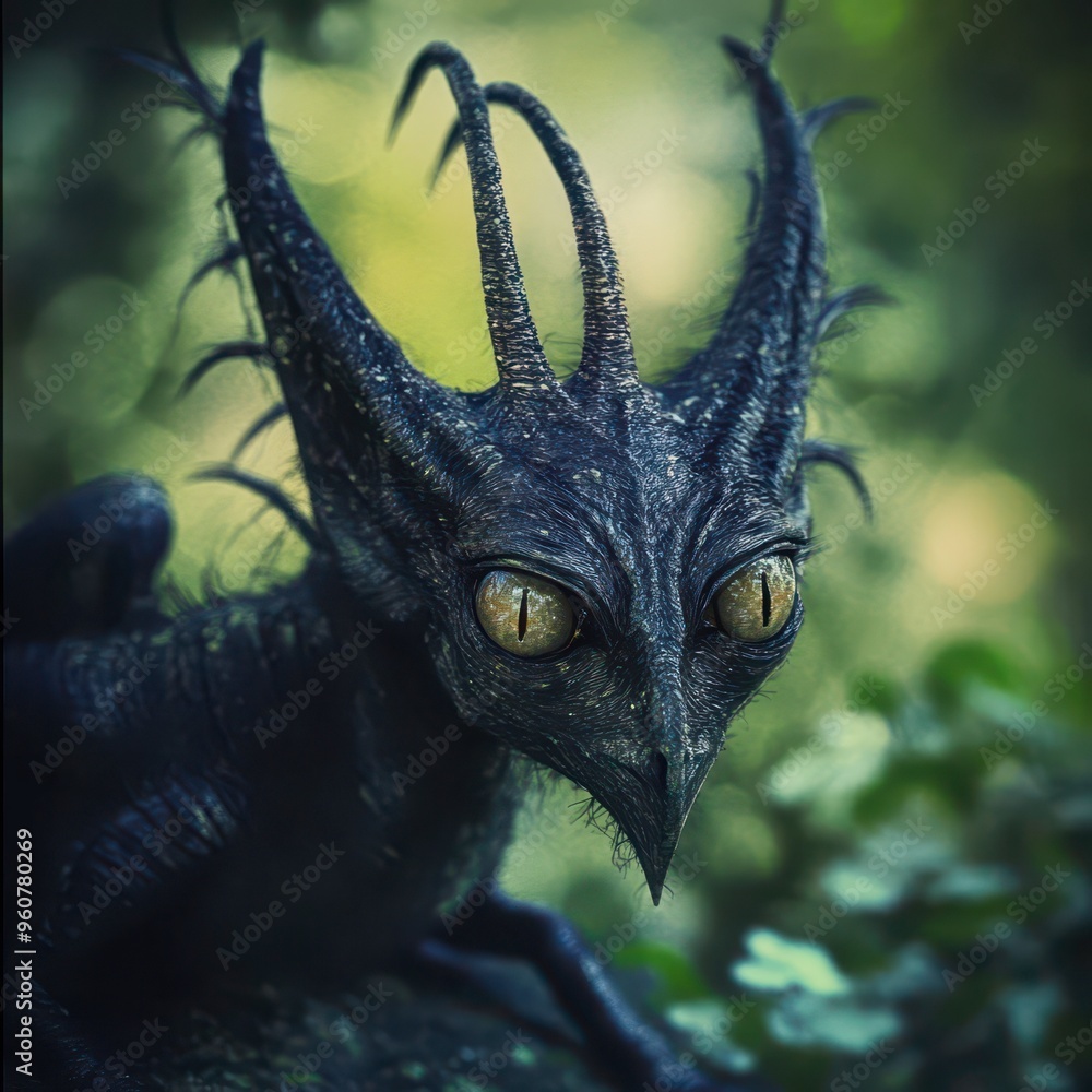 Mysterious creature with horns and golden eyes in a lush forest setting Mysterious creature with horns and golden eyes in a lush forest setting