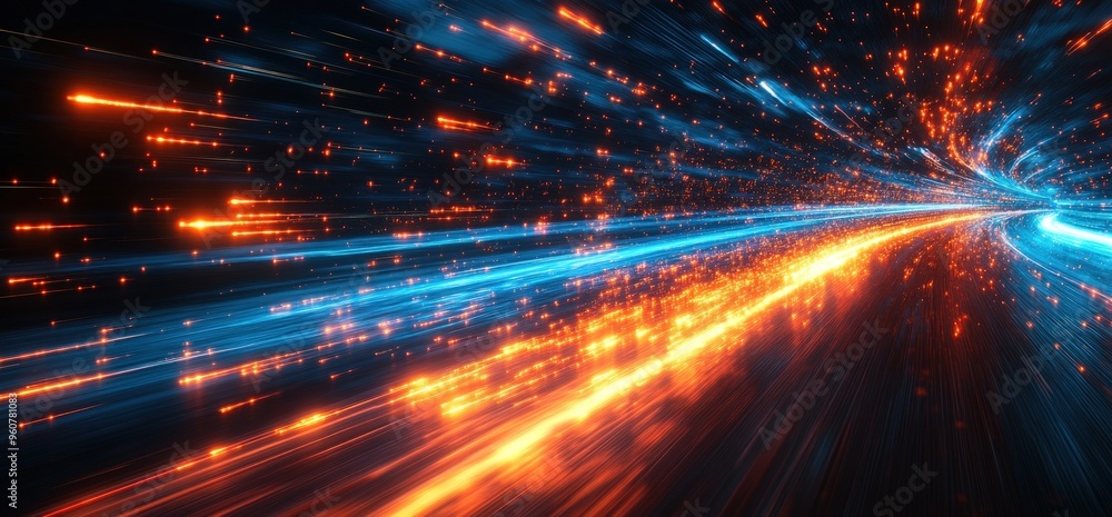 Obraz premium Abstract background of blue and orange light streaks with glowing particles.