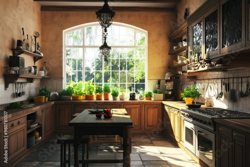 A cozy kitchen filled with natural light and potted herbs, creating an inviting atmosphere.