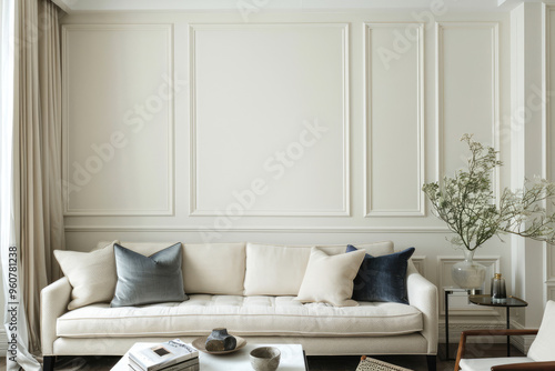 HIGH CEILING LOFT LIVING ROOM background WATER COLOR PAINTING in luxury apartment with a lot of light from the clear glass windows neutral color and white arch classical theme