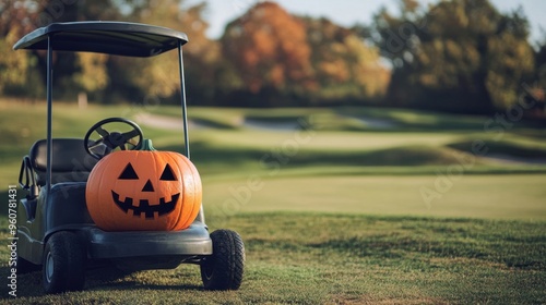A pumpkin with a scary face is sitting on the grass next to a golf cart