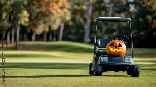 A pumpkin with a scary face is sitting on the grass next to a golf cart