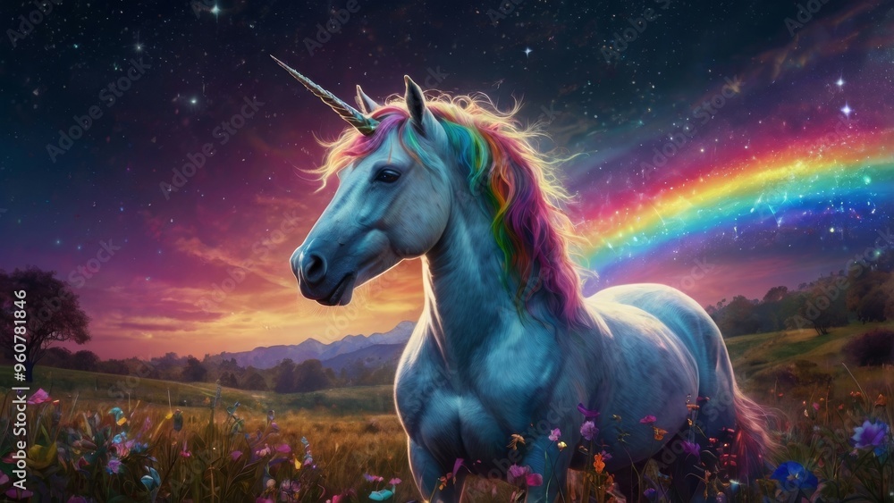 A majestic unicorn with a rainbow mane stands in a field. A majestic unicorn with a rainbow mane stands in a field.