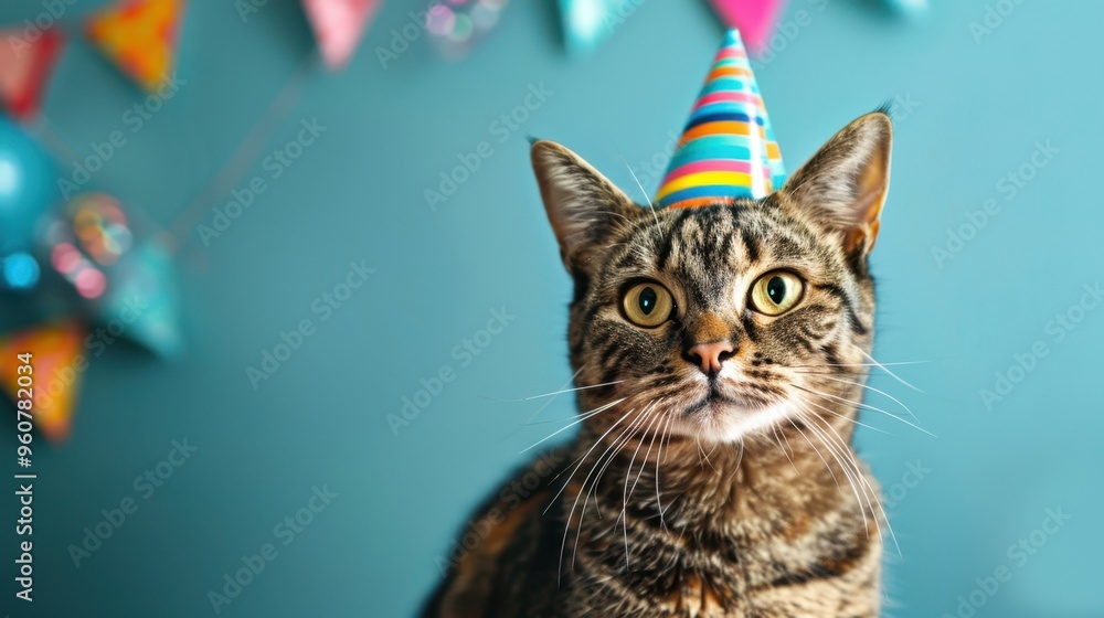 A cat wearing a party hat is standing in front of a blue background A cat wearing a party hat is standing in front of a blue background