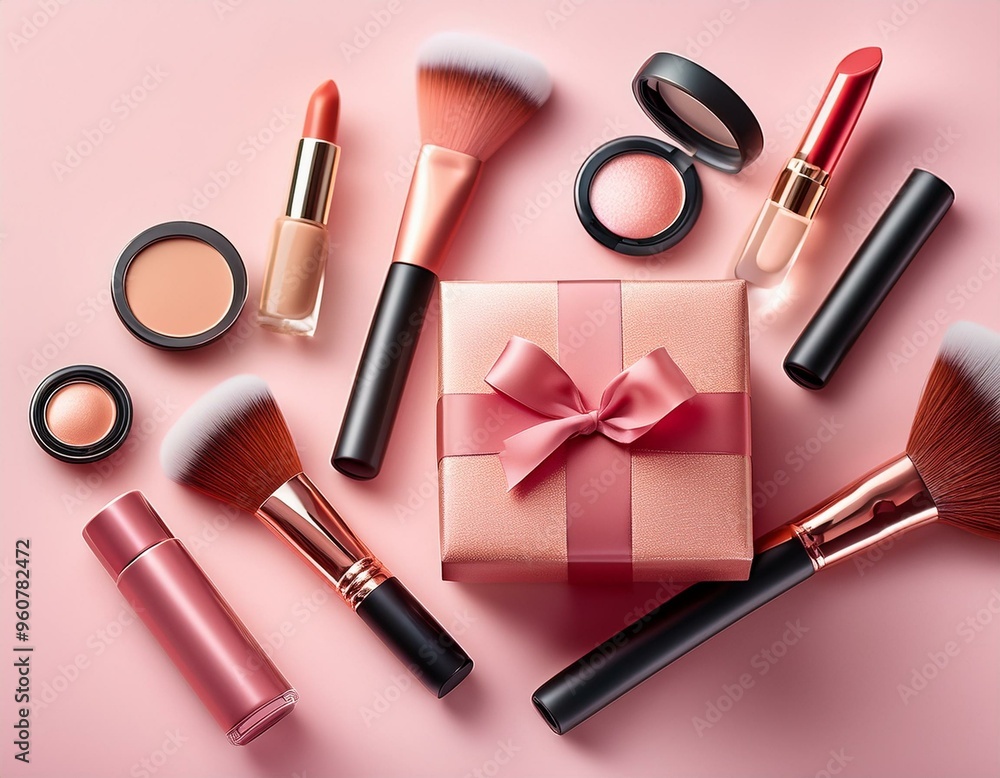An image of makeup cosmetics and a gift box on a light pink background, make up present for online shop concept An image of makeup cosmetics and a gift box on a light pink background, make up present for online shop concept