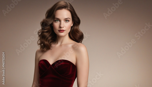 Elegant Red Strapless Dress on Model with Wavy Hair in Studio Setting