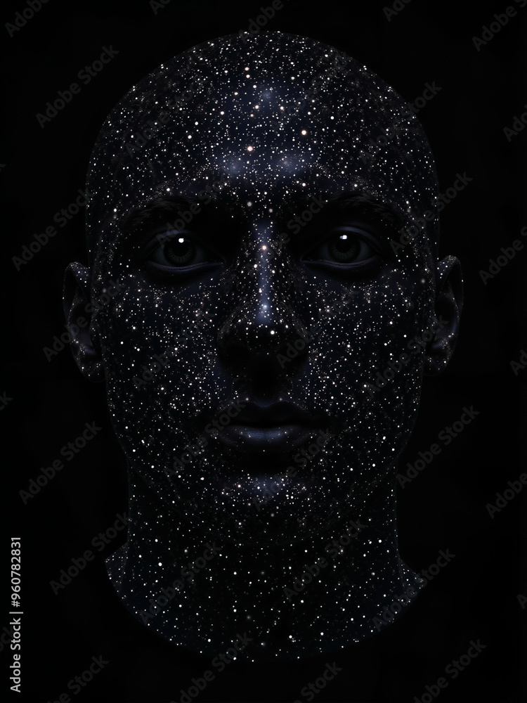 A surreal portrait of a human face with cosmic stars painted on the skin, resembling a universe with starry elements on dark background, blending man's features with the cosmos A surreal portrait of a human face with cosmic stars painted on the skin, resembling a universe with starry elements on dark background, blending man's features with the cosmos