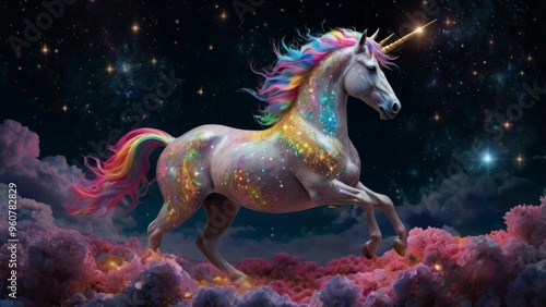 A magical unicorn gallops across the stars.