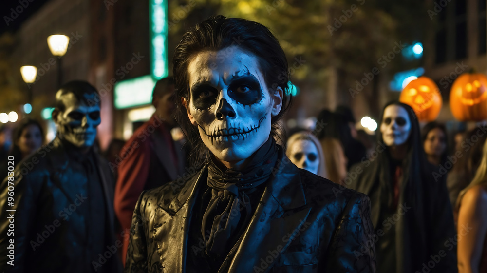 Fototapeta premium Halloween street event featuring spooky skeleton costumes with eerie face paint under night lights