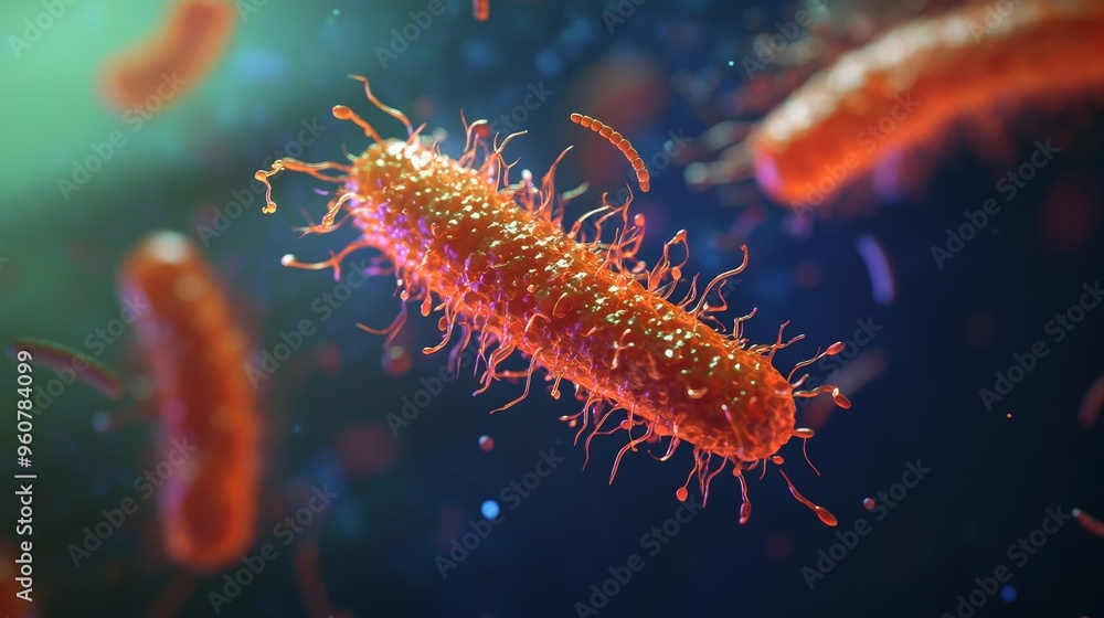3D render of Salmonella bacteria interacting with human intestinal cells, showing their invasion process 3D render of Salmonella bacteria interacting with human intestinal cells, showing their invasion process