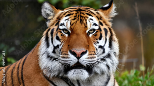 A medium shot of a tiger's face with its mouth closed. The tiger has golden fur and blue eyes. The background is blurred and contains greenery.