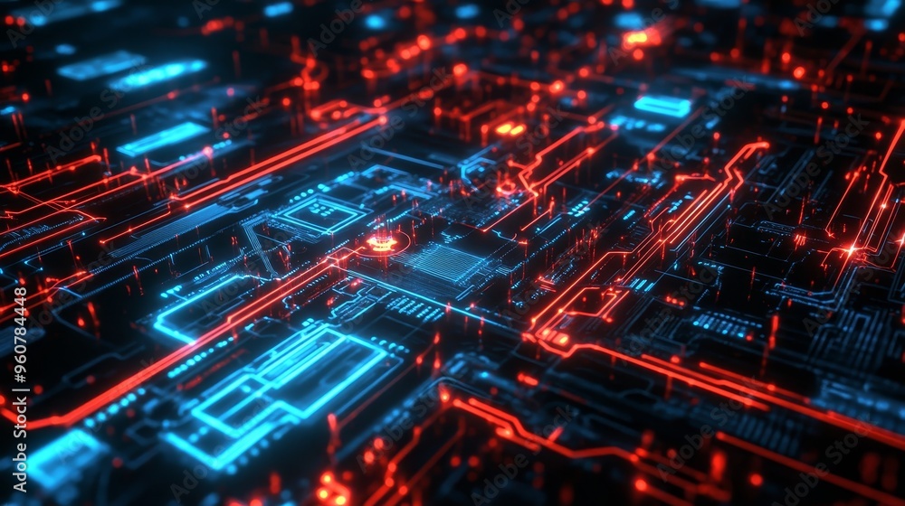 Abstract representation of a digital circuit board illuminated in blue and red hues, showcasing intricate pathways and connections at night Abstract representation of a digital circuit board illuminated in blue and red hues, showcasing intricate pathways and connections at night