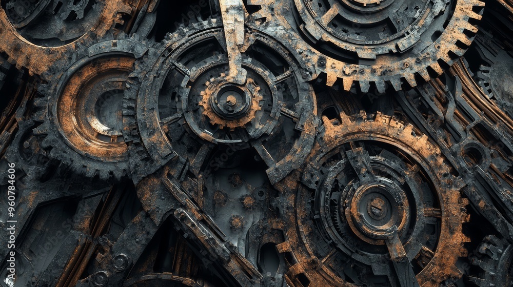 Fototapeta premium Close-up of interlocking gears and cogs showcasing intricate mechanical design in an industrial setting during daylight hours