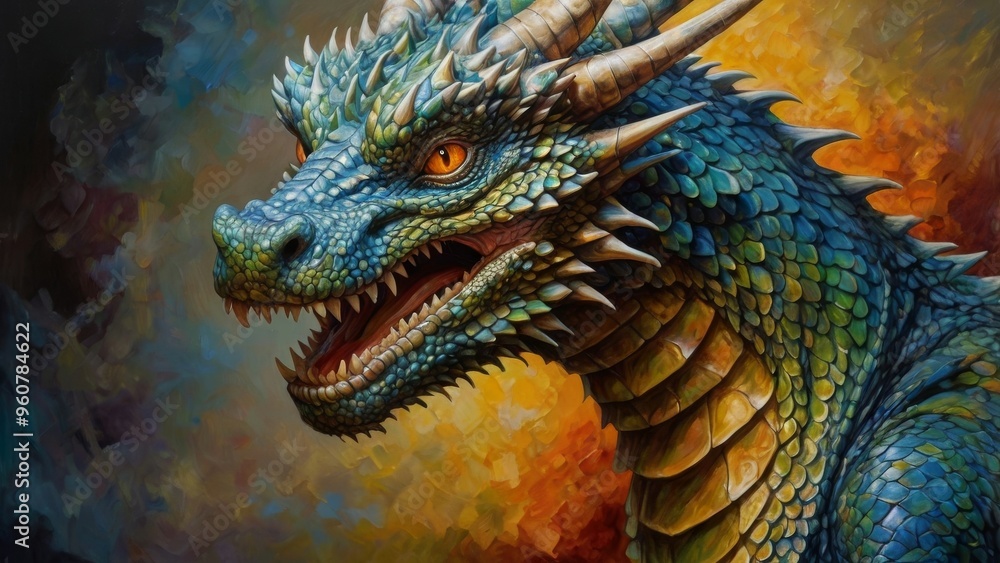 Obraz premium Close-up of a fierce blue dragon.