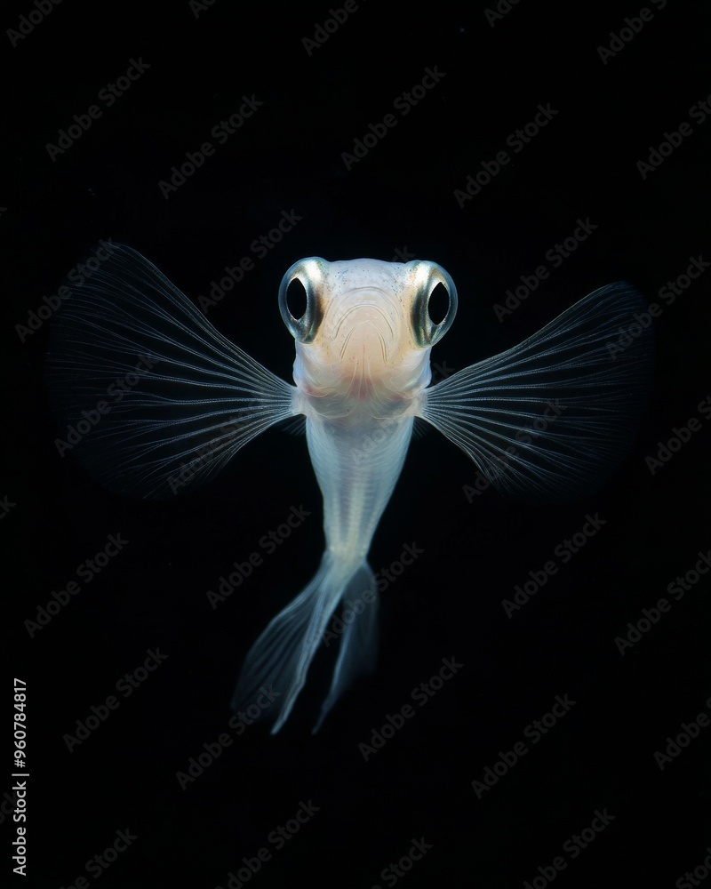 the Glass Guppy Fish, portrait view, white copy space on right, Isolated on black Background the Glass Guppy Fish, portrait view, white copy space on right, Isolated on black Background