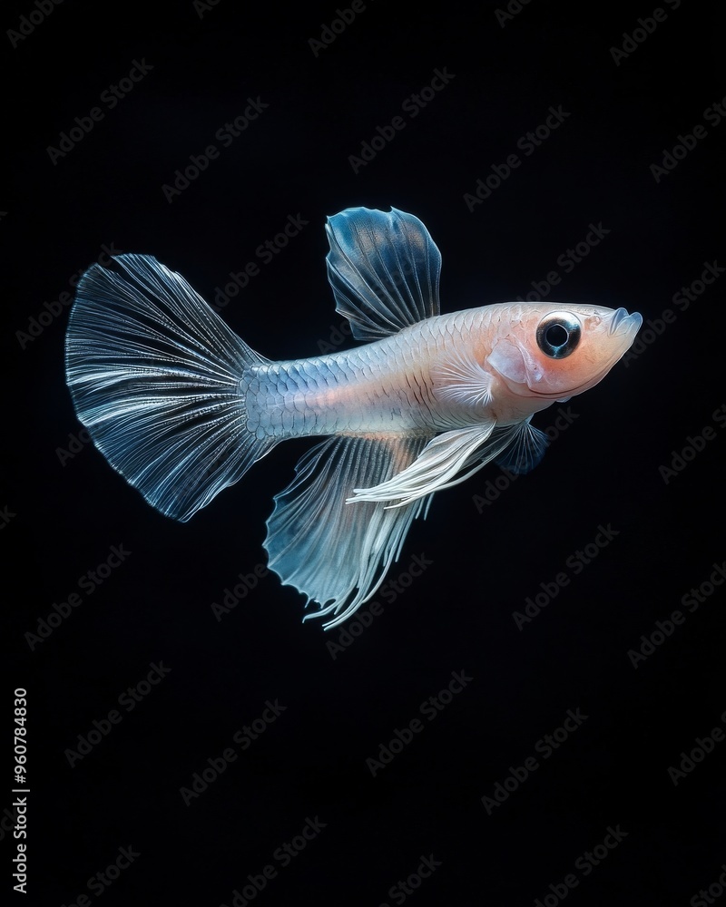 the Glass Guppy Fish, portrait view, white copy space on right, Isolated on black Background the Glass Guppy Fish, portrait view, white copy space on right, Isolated on black Background