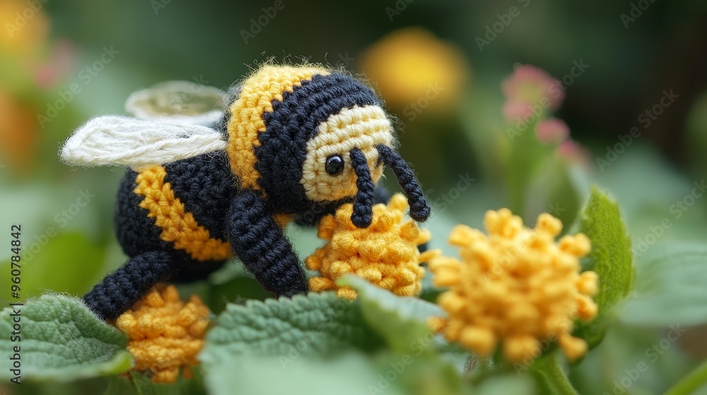 Fototapeta premium Amigurumi bumblebee collecting nectar 
