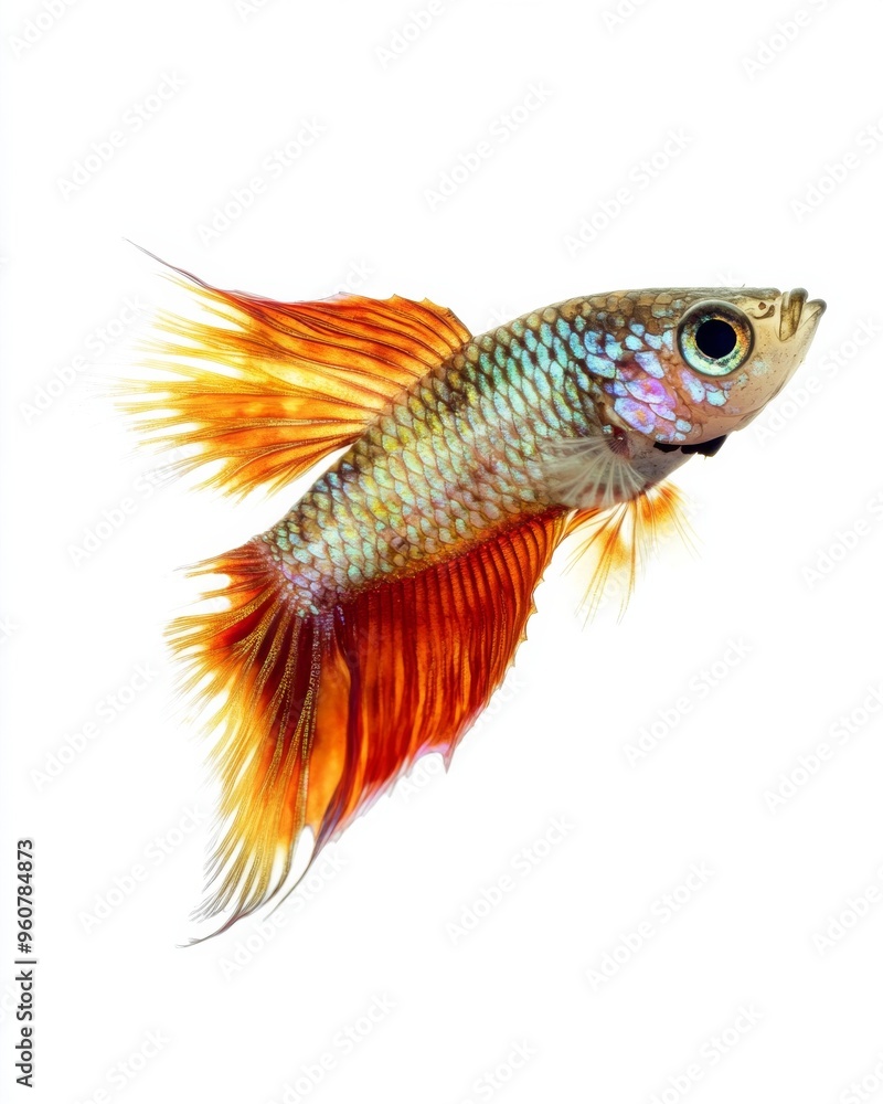 Fototapeta premium the Metal Guppy fish, portrait view, white copy space on right, Isolated on white Background