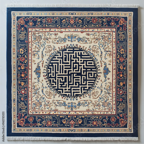 Straight rectangular wool rug with colors, blue and dark red dominant, simple drawings mixed to a classic oriental rug.