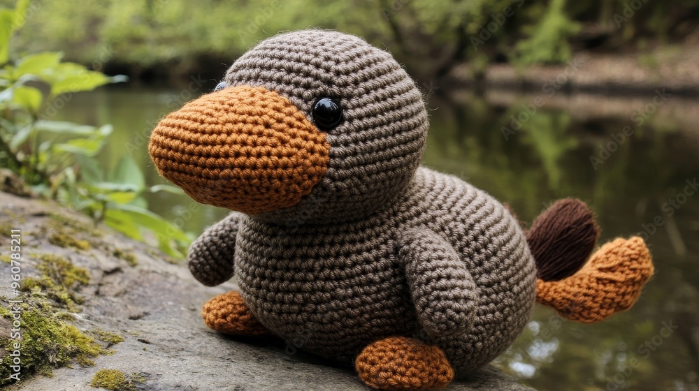 Crocheted platypus toy by the riverside surrounded by lush greenery on a sunny day Crocheted platypus toy by the riverside surrounded by lush greenery on a sunny day