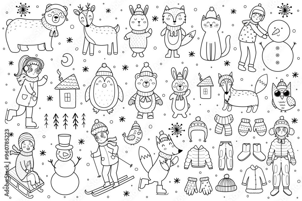Obraz premium Black and white cute winter characters collection. Christmas animals and kids in winter clothes set in outline. Bear, reindeer, fox, rabbit and other elements. Vector illustration